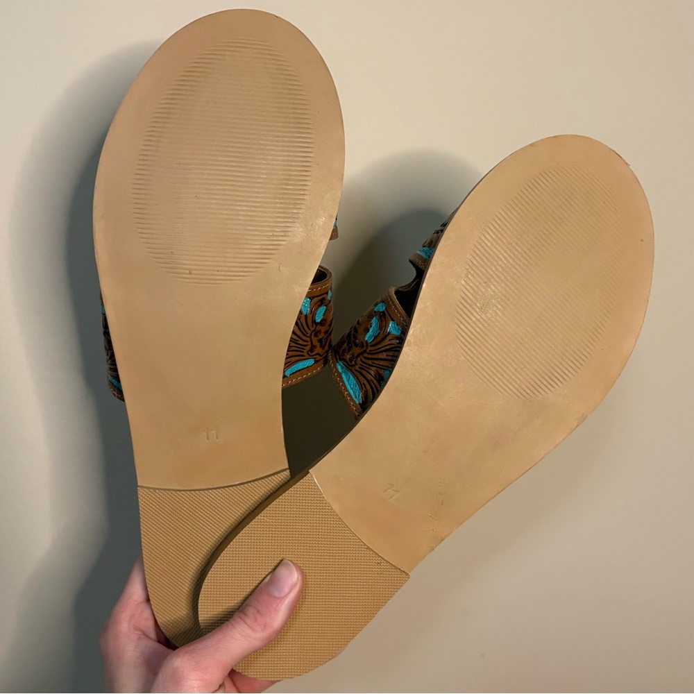 Women's Myra Hand Tooled Leather Turquoise and Brown Sandals Slides Size 11 - Picture 5 of 7